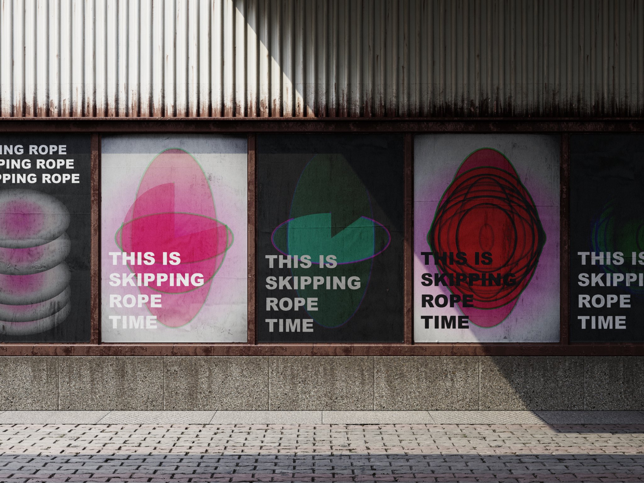 Skipping Rope poster series shown in a bright daylight urban wall mockup
