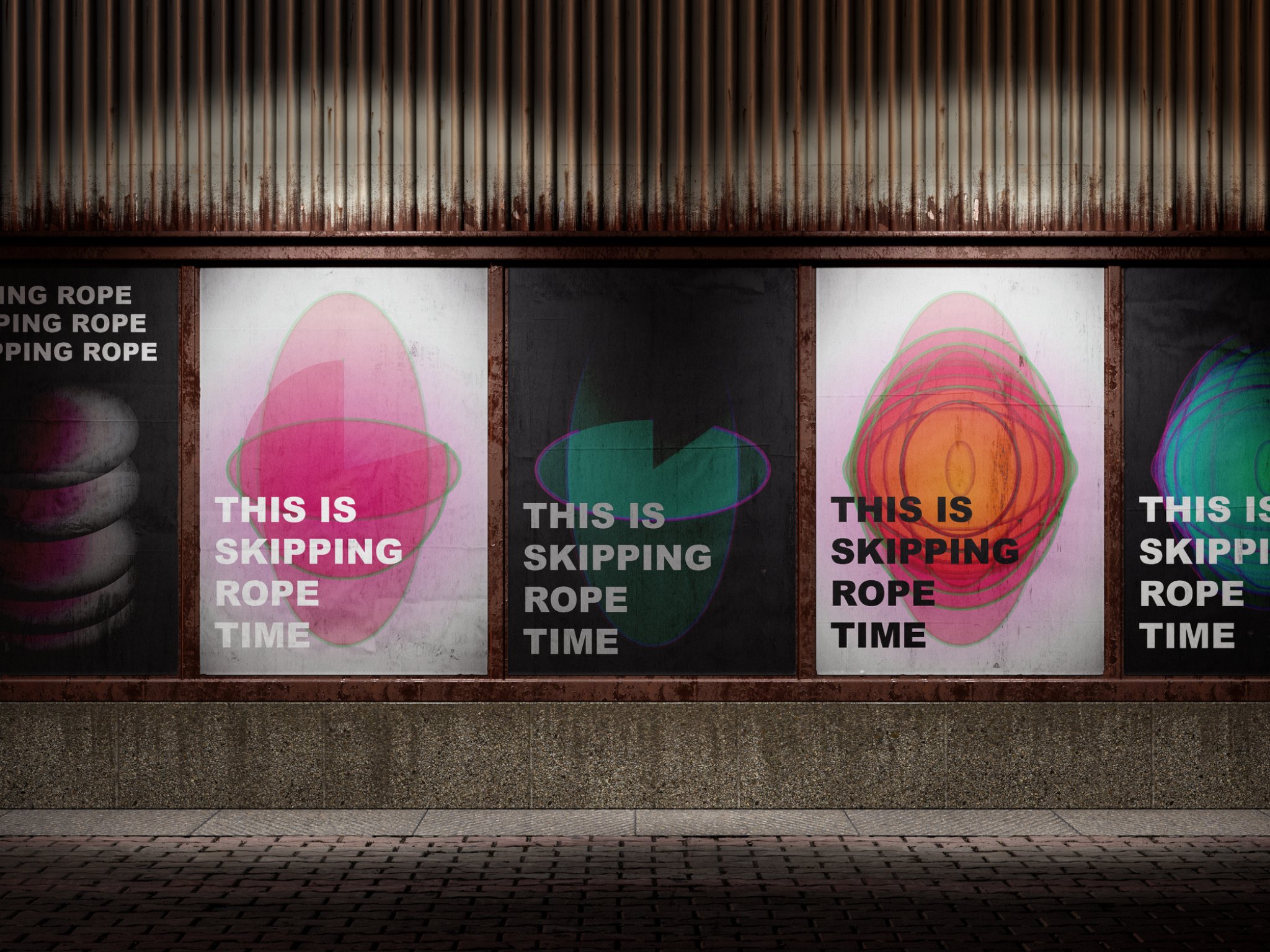 Skipping Rope poster series shown in a darker urban wall mockup